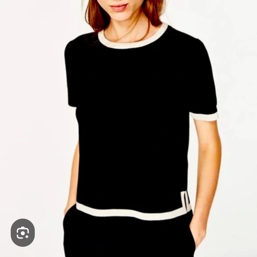 Zara Knit Black Contrast Tee with White Trim Size M